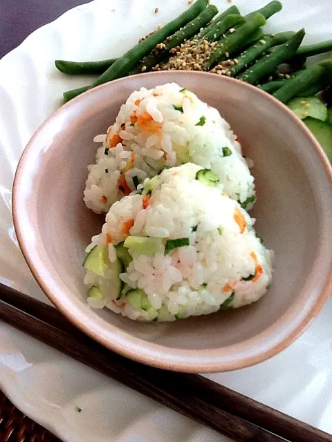 sushi rice, cucumber, mitsuba, celery and dried shrimp rice balls|Kirsten Adachiさん