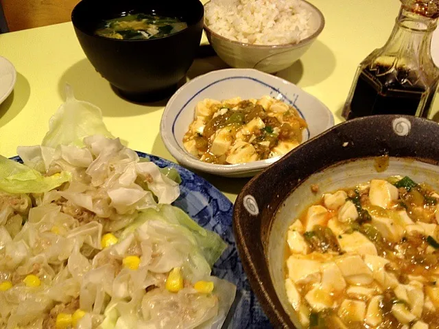 シュウマイと麻婆とうふと卵すスープの晩御飯。30分で作った！|のぶコさん