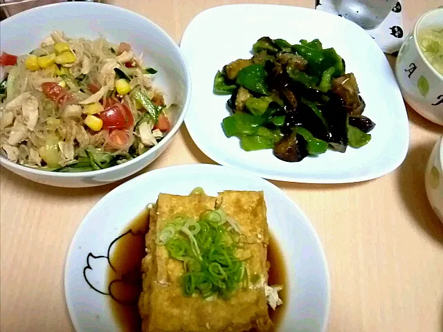 春雨サラダ&茄子とピーマンの甘味噌炒め&厚揚げ&春雨と卵の中華スープ|ゆうさん