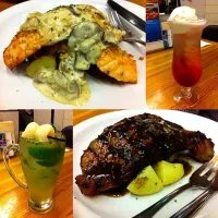 baked salmon w citrus crust and mushroom sauce. cherry float. medium rare sirloin steak with black pepper sauce. lychee mojito.|myleneさん