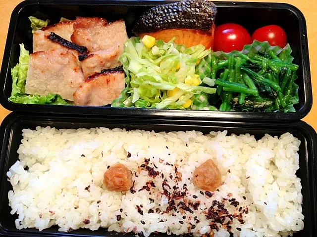 Snapdishの料理写真:毎日の中学生弁当、今日は豚ロースの塩麹漬、塩鮭がメインおかず。|松浦有里さん