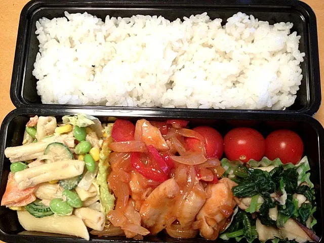 Snapdishの料理写真:毎日の中学生弁当。鶏肉、パプリカのトマトソテー、ほうれん草と椎茸のソテー、マカロ二サラダ、ミニトマト。|松浦有里さん