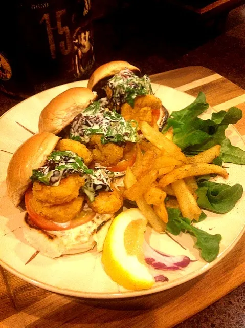 Snapdishの料理写真:Cajun Fried Shrimp Burgers with a cilantro and green/purple lettuce slaw|Taste-New Americanさん