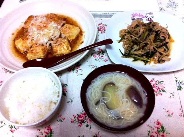 揚げ出し豆腐＊にらともやしの香味炒め＊そうめん汁|あやこりん＊さん