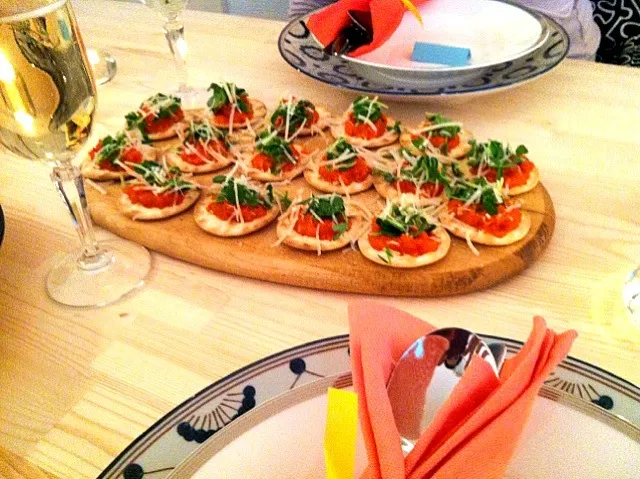 Red Pepper Pesto, on crackers with pea shoots|julie lambaさん