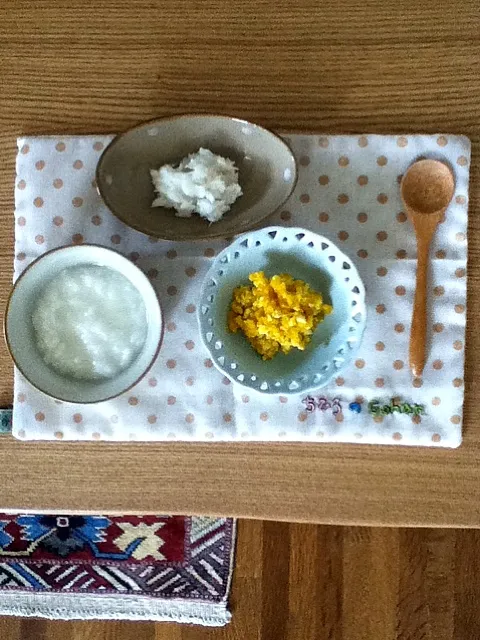 離乳食 ダシ粥、鱈、かぼちゃ豆腐|あっこさんのさん