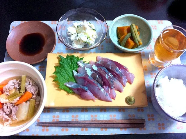 ぶり刺身・かぶ豚汁・生おからサラダ・かぼちゃの煮物|ayAkaさん