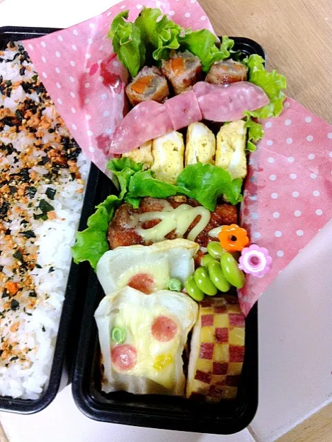 息子くん弁当  野菜肉巻、竹輪ピザ、マヨサーモン|hanayakさん