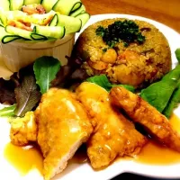 ☆炊き込みカレーピラフとササミの衣揚げレモンあんとピロピロサラダ☆