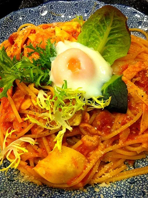 Snapdishの料理写真:spaghetti with yuba, bacon, shrimp, mozzarella & onsen egg|karen limさん