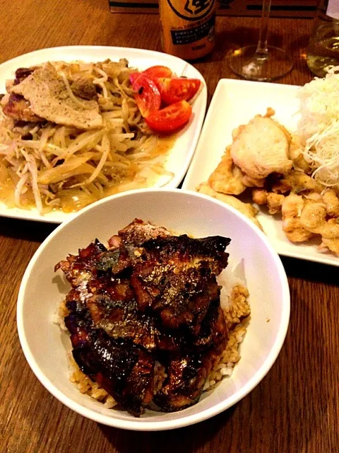 鯵の蒲焼、揚げない鶏胸肉の唐揚げ、豚バラ肉と玉ねぎの香草＆白ワイン蒸しwith徳谷トマト|naoさん