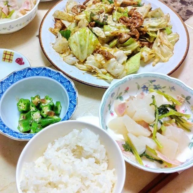 回鍋肉、カブとベーコンの塩麹煮、オクラの梅おかか|wakanowさん