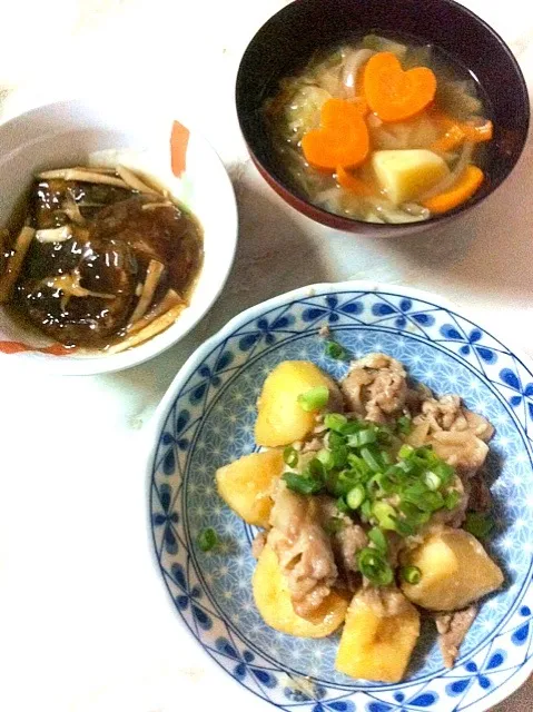 塩肉じゃが☆椎茸のオイスター煮☆コンソメスープ|ハナエさん