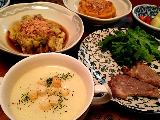 豚ロース塩麹焼き、ビシソワーズ、焼き茄子、焼きがんも、フルーツ|ikukoさん