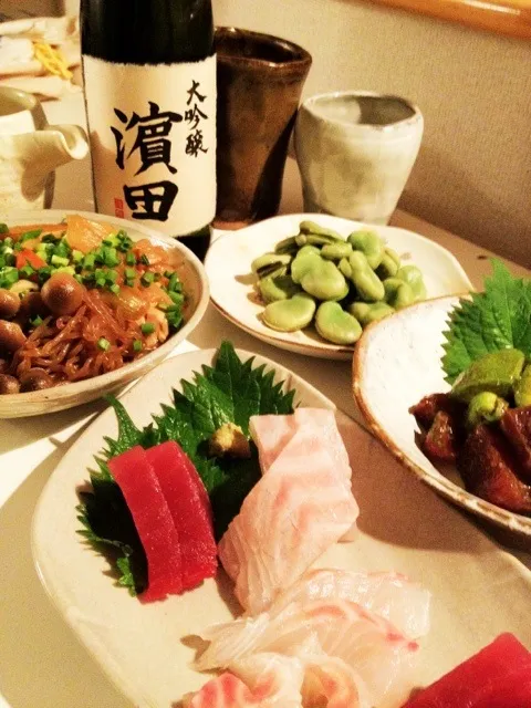 Snapdishの料理写真:完全に痛風まっしぐらな和食な夜食。大吟醸 濱田が決め手|Jin Mishukuさん