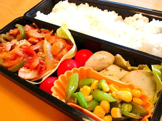 Snapdishの料理写真:毎日の中学生弁当。鶏肉と野菜のトマト煮込がメイン。|松浦有里さん