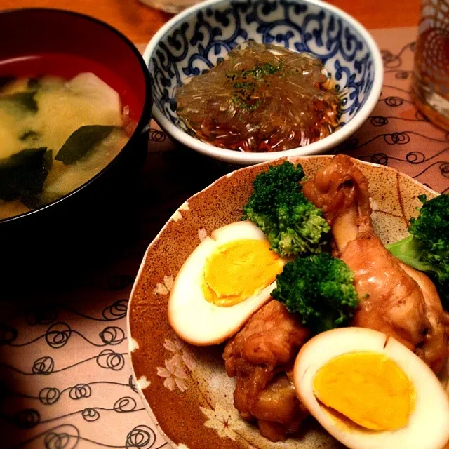 鶏さっぱり煮、心太、蕪味噌汁、桃|ikukoさん