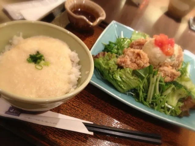 鳥の竜田揚げとたっぷり野菜のネギソース定食|ひでさん