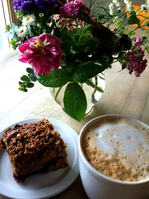 Snapdishの料理写真:wild raspberry coffee cake and latte as post run reward|scout o'garaさん