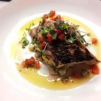 Grilled Cobia with Summer Squash Risotto, Borage Leaves and Sauce Vierge|Dustin Zerrerさん