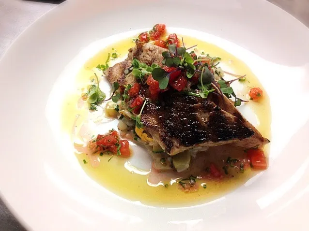 Grilled Cobia with Summer Squash Risotto, Borage Leaves and Sauce Vierge|Dustin Zerrerさん