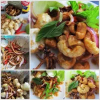 🌴🌺Yum Sam Krop:Spicy 3 Crispy Friends (Cashew nut,🐙Calamari,🐟Dried fish mow)Salad🌴🌺