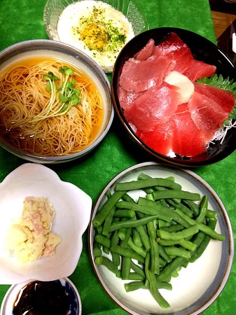 #夕飯 いんげん、ポテサラ、そうめん、とろろ、そして〜鉄火丼(帆立入り) 。大好きなもんばっかシリーズ！|ms903さん