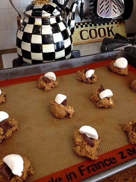 S'mores cookies! Yummy graham cracker cookies with a Hershey's chocolate bar piece and toasted marshmallow. Perfect for your camper on visiting day!|lee ann erlbaumさん