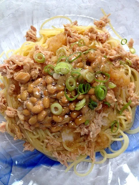 ツナ、納豆、大根おろしの青じそドレッシングパスタ🍝(冷製)|かまさん