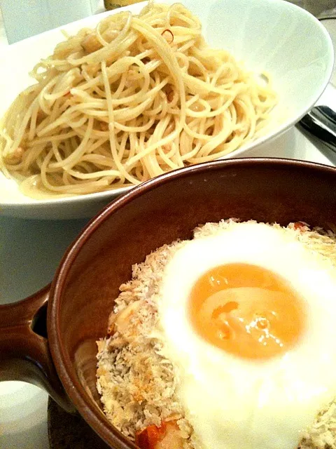 鶏挽肉の柚子胡椒冷製パスタ 野菜の目玉パン粉焼き|りさ〜ぬさん