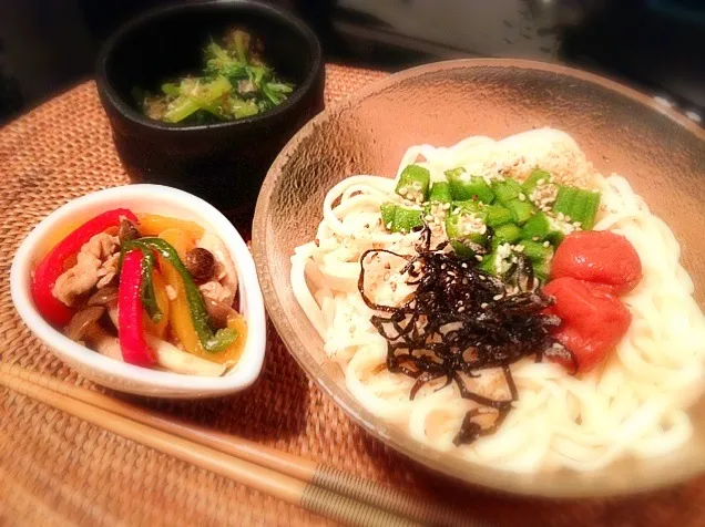 梅ざるうどん&青椒肉絲&春菊お浸し定食🍴|Nonさん