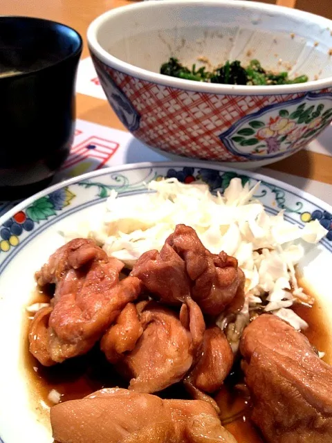 Snapdishの料理写真:鶏の照焼き、ほうれん草のごま和え|Shinsuke Nakanishiさん