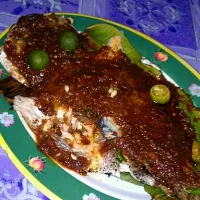 Snapdishの料理写真:Grilled Seabass with sambal sauce|Chi H Bakerさん