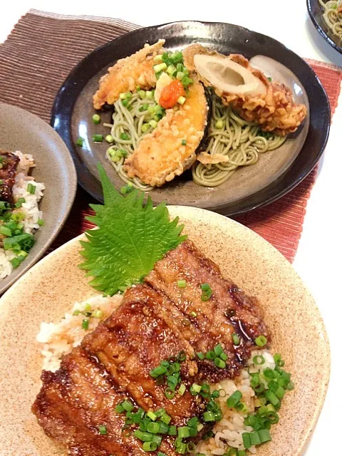 Snapdishの料理写真:サンマの蒲焼きご飯と茶そば|かずさん