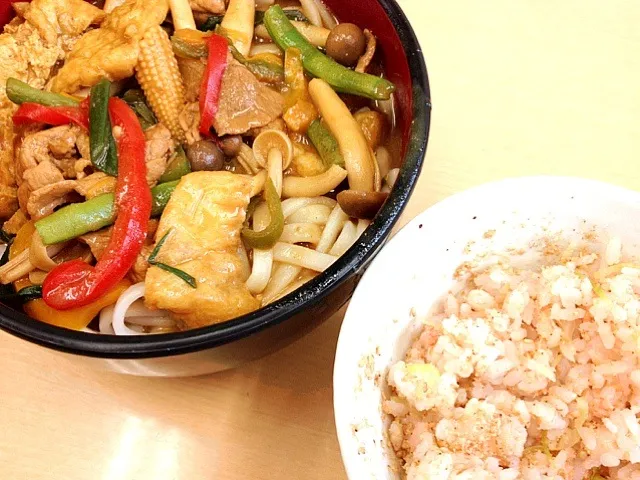 Snapdishの料理写真:カレーうどん＆キャベツと鮭とチーズの混ぜご飯|めいたん☆さん