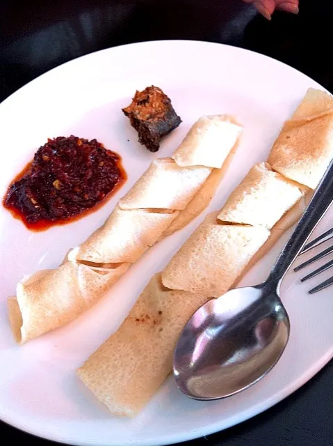 Snapdishの料理写真:lempeng with salted fish & sambal|laumeikuanさん