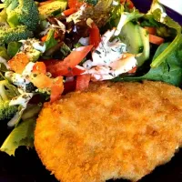 breaded fake chicken w melted gruyere, salad with yogurt ranch|andreea torjescuさん