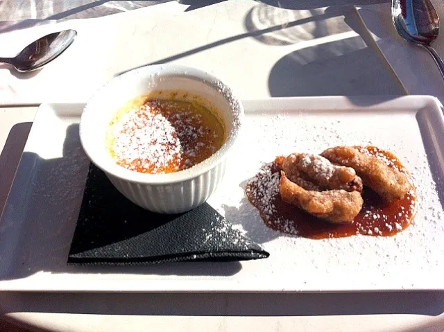 Snapdishの料理写真:Creme Brulee w-Drunken Medjool Date Fritters in Caramel Sauce|Amanda Gardnerさん