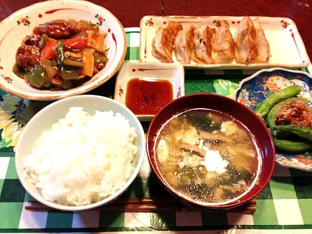 酢豚、餃子、中華風玉子＆胡麻スープ、無農薬オクラのおひたし|ゆ♡き♡えさん