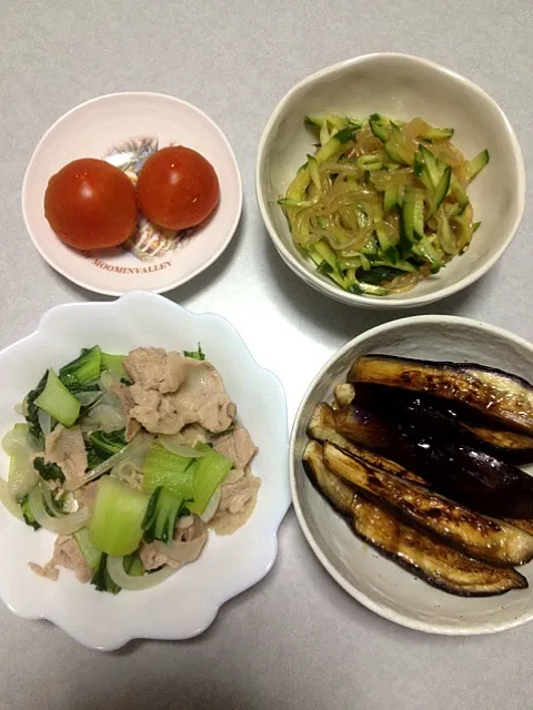 豚と青梗菜の炒め物、焼きなすのさっぱり漬け、春雨サラダ|Akikoさん