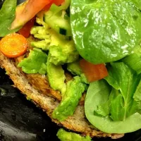 open faced whole wheat avocado, salad and veggie pattie sandwich|andreea torjescuさん