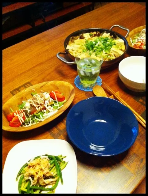 鍋焼きうどん、いんげんときゅうり鶏のささみのせ生姜醤油、シーチキンと夏野菜サラダ|二宮みさきさん