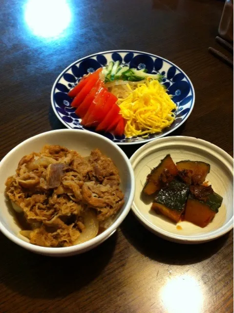 牛丼、もやしサラダ、かぼちゃのおかか煮|きりママさん