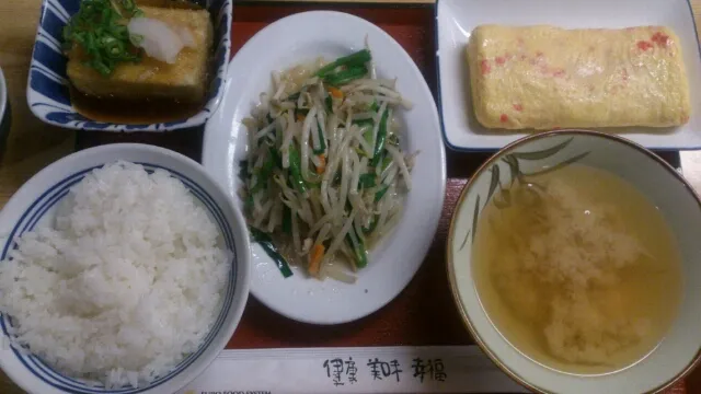 Snapdishの料理写真:塩もやし＆揚げ出し豆腐＆生姜入り玉子焼|ボンゴさん