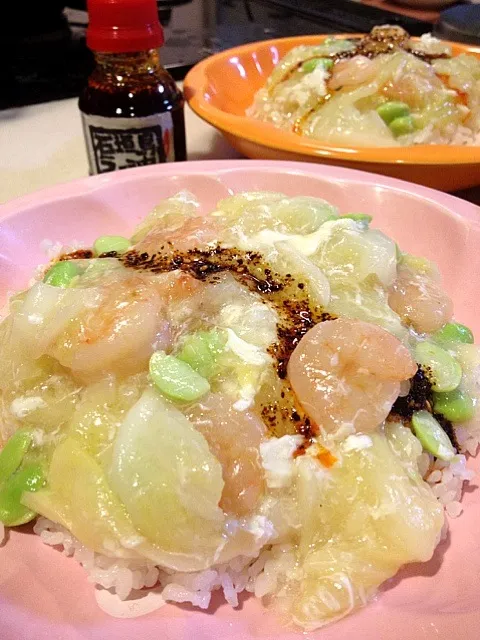 プリ海老あんかけ丼✨島ラー油がけ( ´ ▽ ` )ﾉ1週間ぶりの手料理なり|そらのんみこさん