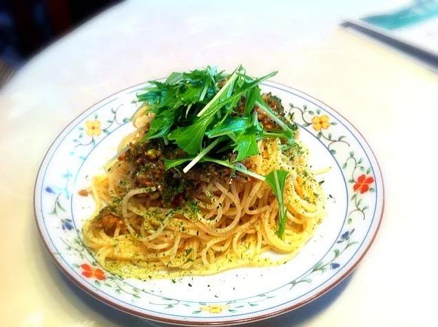 水菜、青海苔のたらこ納豆パスタ|Makoto Sudaさん