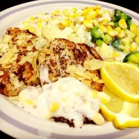 Snapdishの料理写真:Grilled Fish with sourcream potato chips.|Crushedcranberriesさん