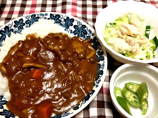 カレーライス ササミのサラダ オクラ|あつんさん