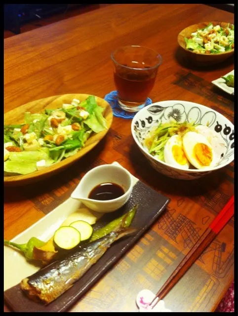 Snapdishの料理写真:いわしと夏野菜グリルにんにく醤油、塩麹鶏ハムとゆで卵の親子こんにゃく麺、豆乳胡麻サラダ|二宮みさきさん