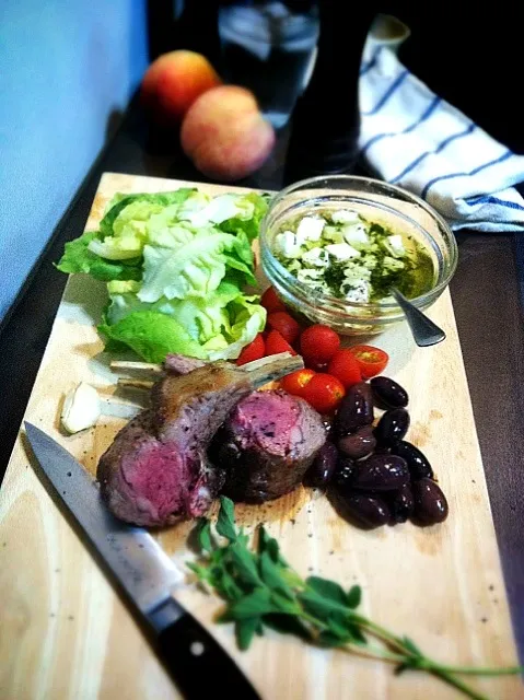 Snapdishの料理写真:grilled lamb chop,butter lettuce,kalamata olive,oregano feta dressing|rick chanさん